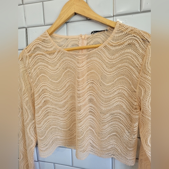 NWT ZARA Ladies Long Sleeve Lightweight Lace Cropped Blouse Crew Neck Scalloped - Picture 2 of 8